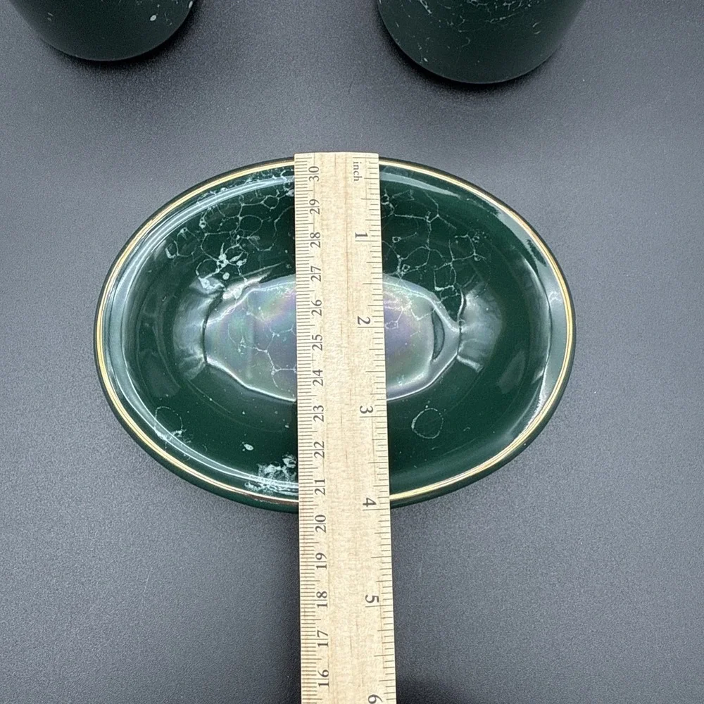 Green Marble Soap Dish Tumbler Toothbrush Holder Bathroom Set Vintage Gold Rim‎